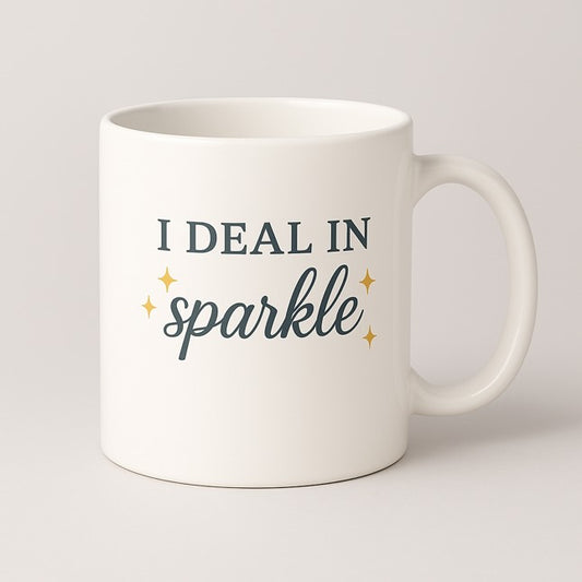 Λευκή κεραμική κούπα με τη φράση "I deal in sparkle" και σχέδιο χρυσών αστεριών, ιδανική για κομμώτριες, makeup artists και επαγγελματίες ομορφιάς - The Gift Box thegiftbox.gr