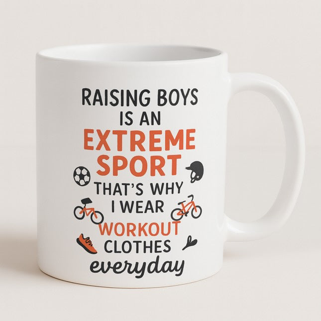 Λευκή κεραμική κούπα με τη φράση "Raising boys is an extreme sport – That’s why I wear workout clothes every day" και σχέδια ποδοσφαίρου, ποδηλάτων και παπουτσιών, ιδανική για μαμάδες αγοριών- The Gift Box thegiftbox.gr