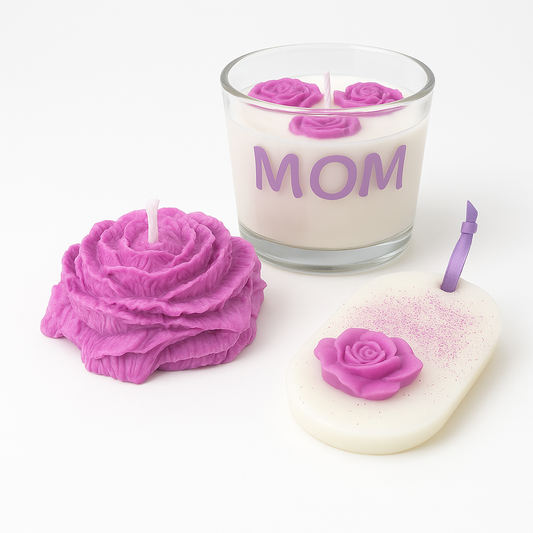 Σετ δώρου Mom Relax – μωβ για μαμάδες κερί σόγιας με λουλούδια, μεγάλο κερί σόγιας παιώνια, ταμπλέτα ντουλάπας με λουλούδι | The Gift Box thegiftbox.gr
